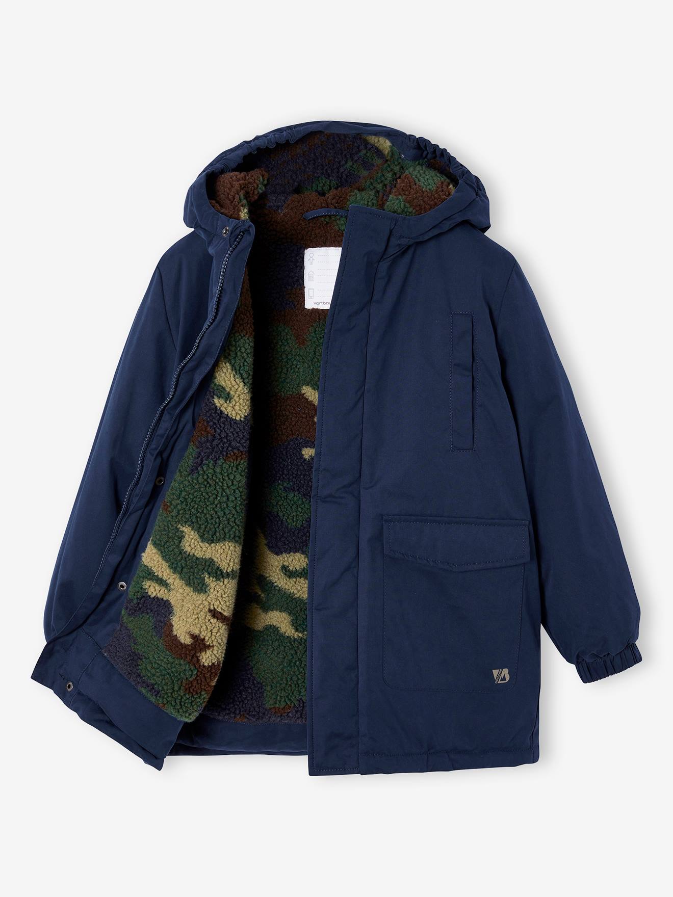 Hooded Parka Lined in Camouflage Print Sherpa