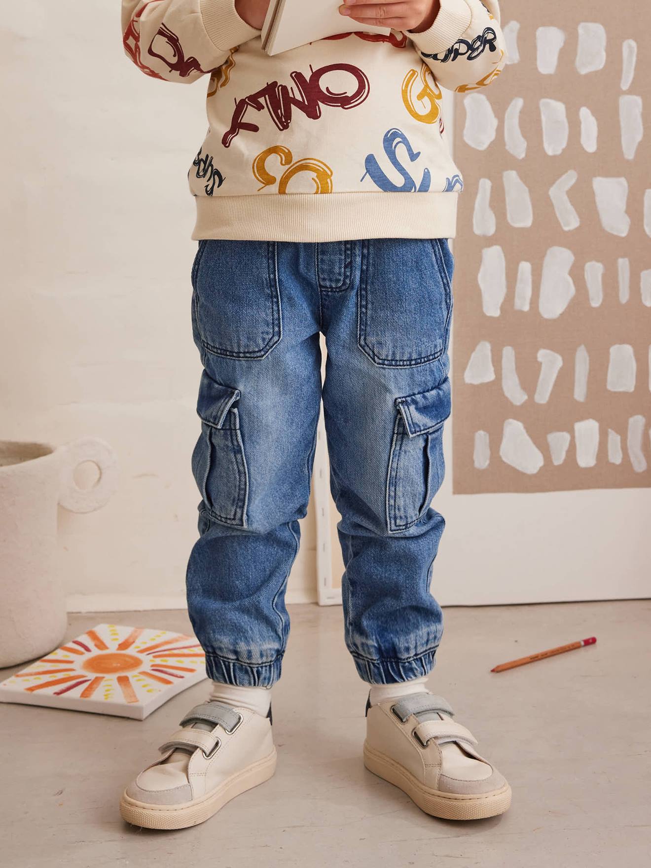 Pull-On Cargo-Type Denim Trousers