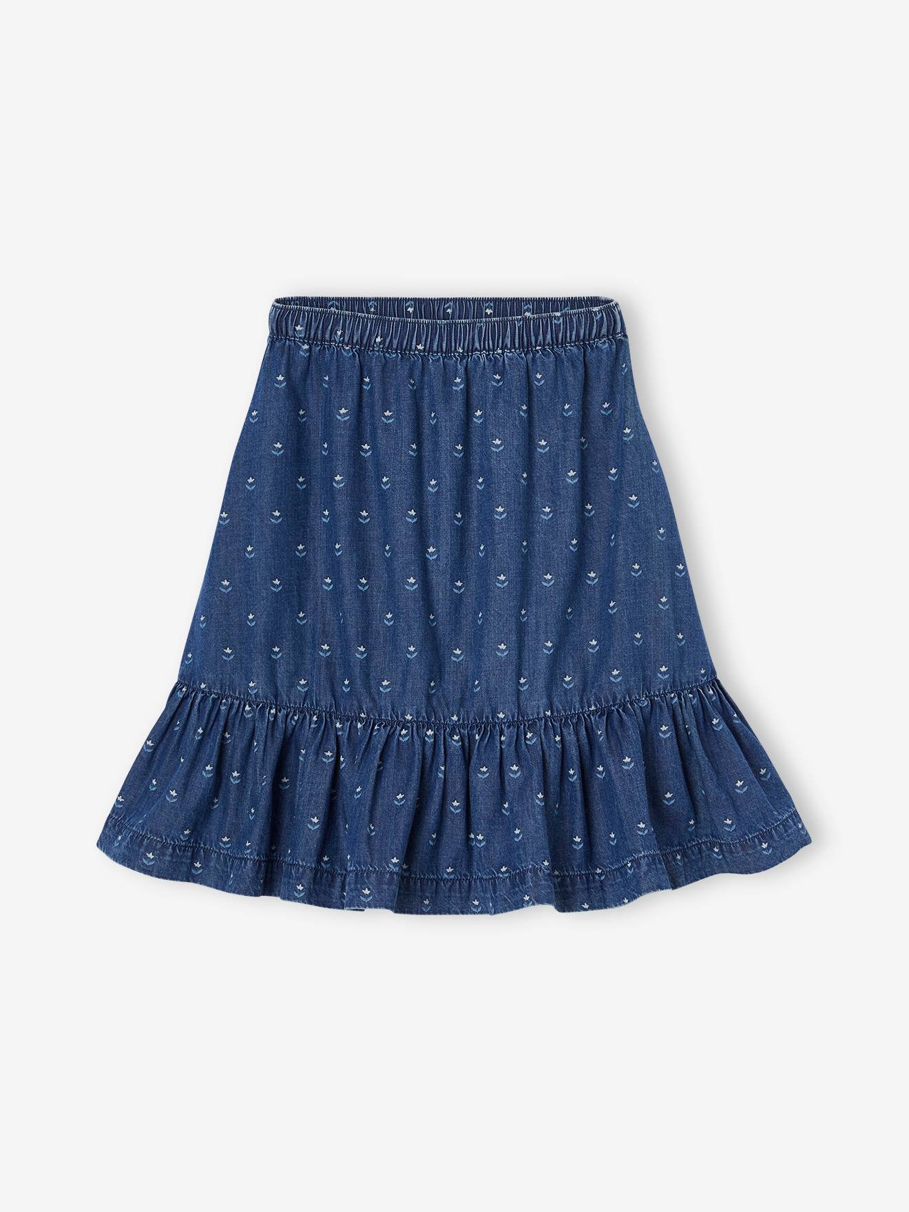 Ruffled Mid-Length Skirt in Light Denim