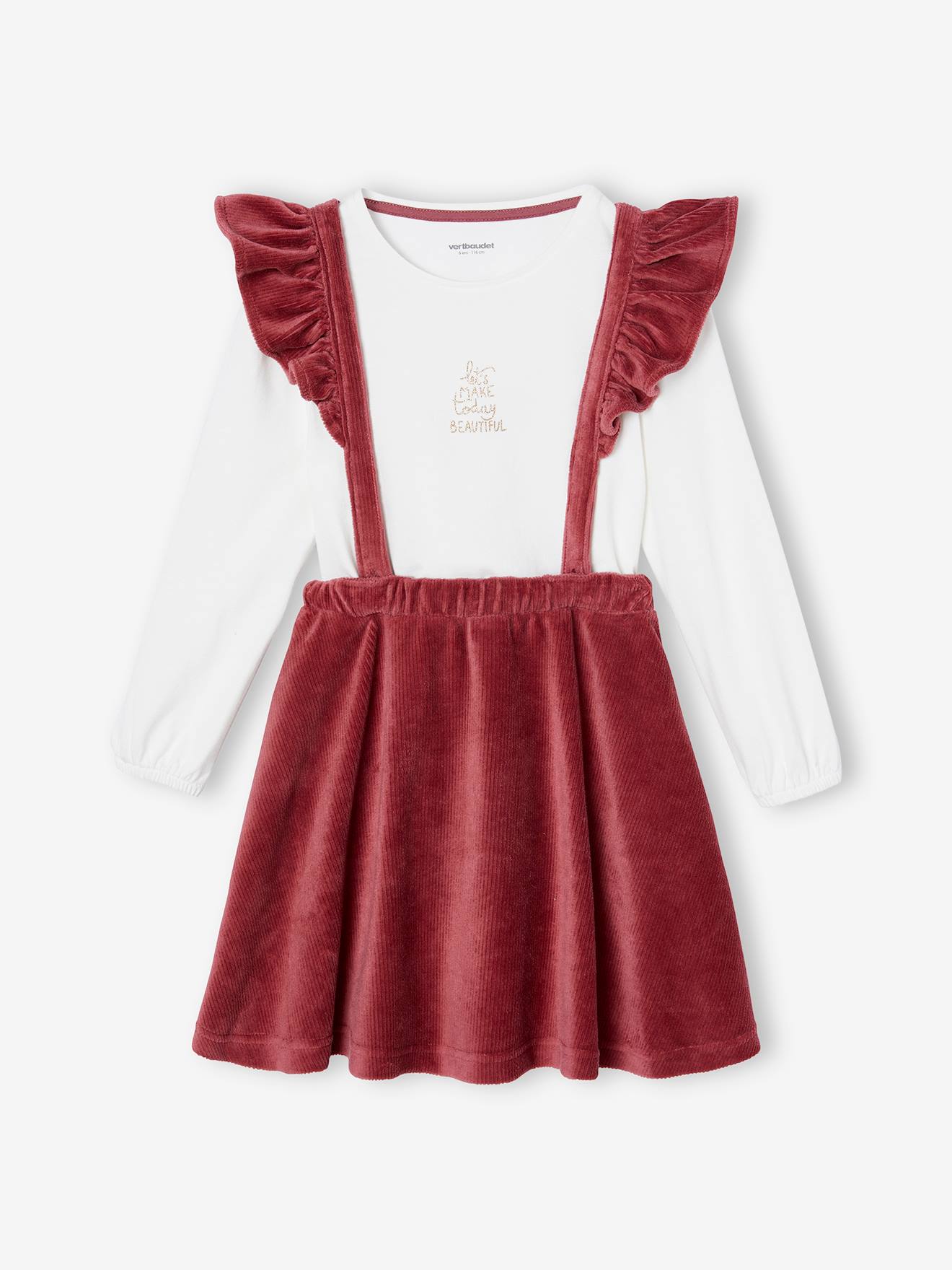 T-Shirt & Corduroy Skirt with Frilly Braces Ensemble