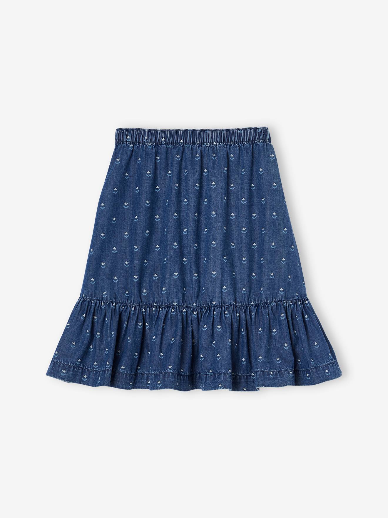 Ruffled Mid Length Skirt in Light Denim for Girls medium blue Girls Vertbaudet