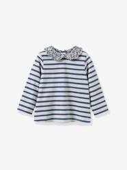 Baby-T-shirts & Roll Neck T-Shirts-Striped tee-shirt with Liberty fabric collar for babies CYRILLUS