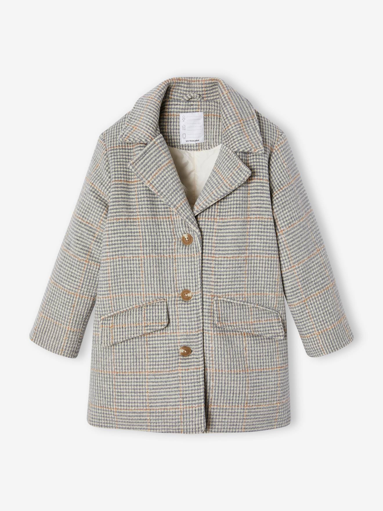 Coat in Woollen Checks & Sherpa Lining for Girls - chequered beige