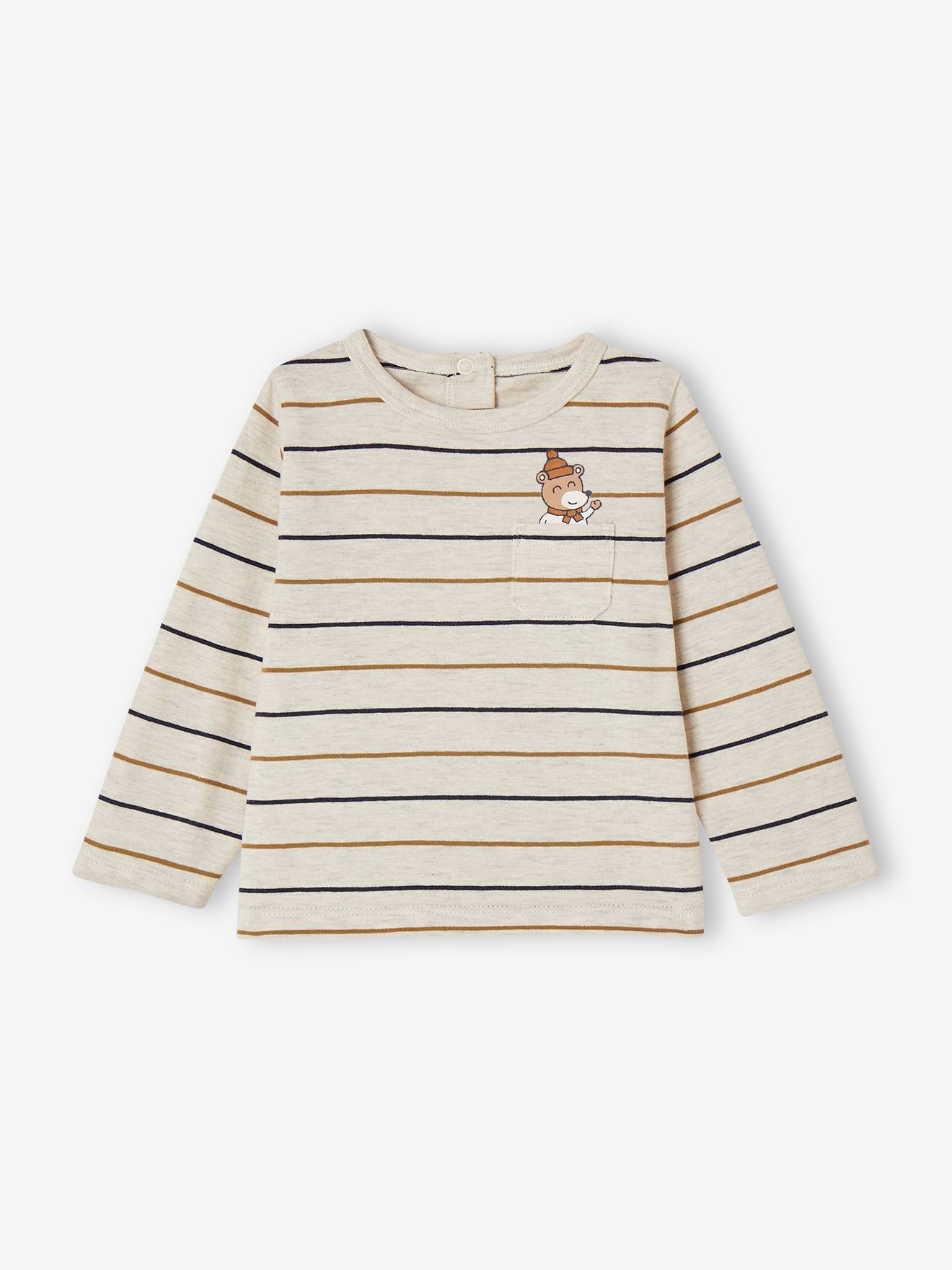 Striped Long Sleeve Top with Bear Motif on Pocket