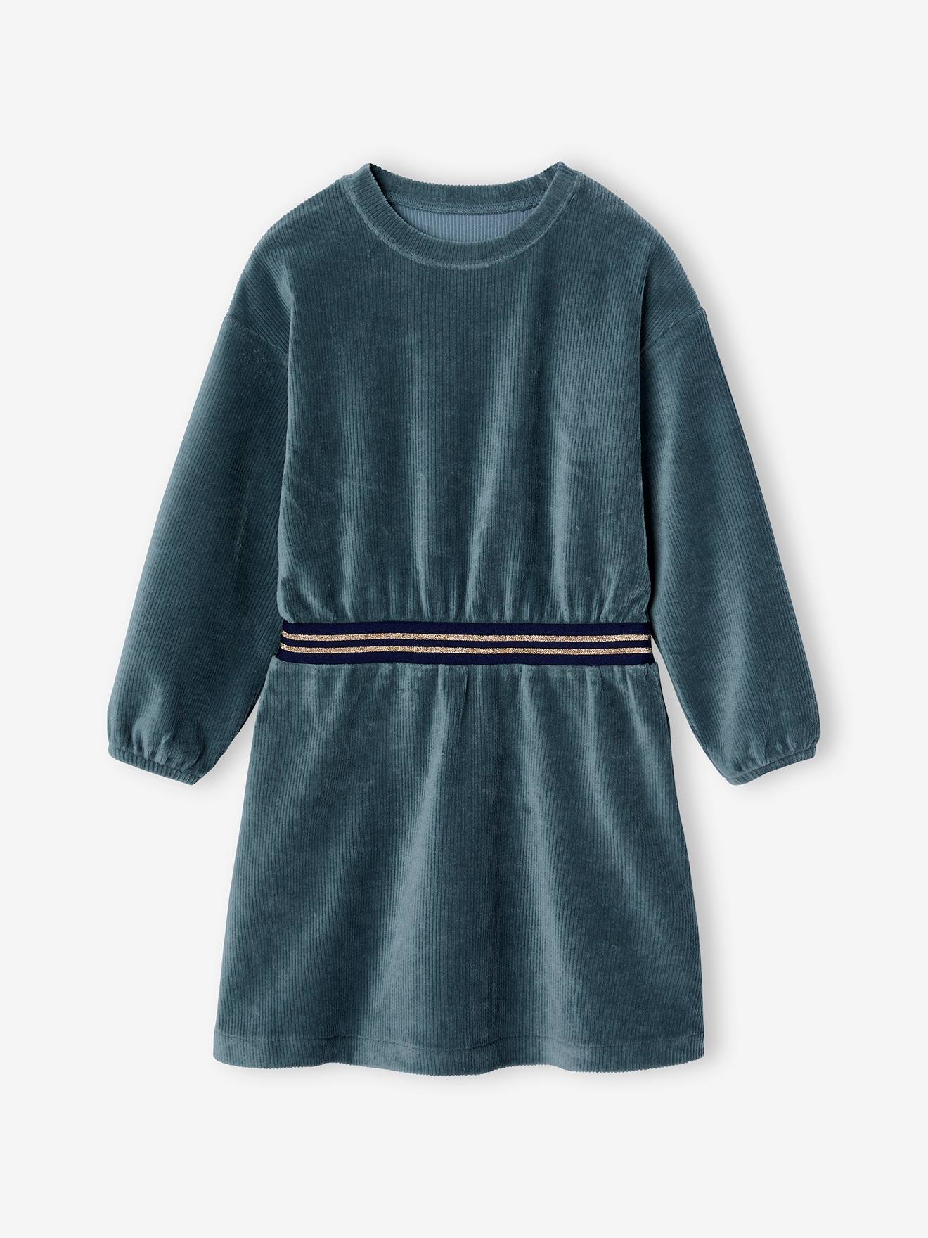 Velour Dress with Striped Iridescent Belt