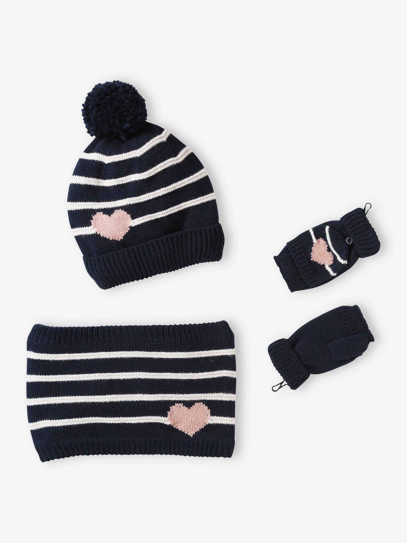 Stripes Hearts Beanie + Snood + Mittens Fingerless Mitts Set