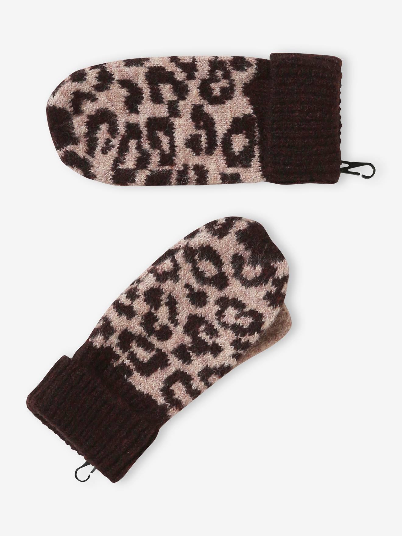 Leopard Beanie Snood Gloves Set for Girls printed brown