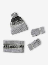 Boys-Accessories-Beanie + Snood + Gloves/Mittens Set in Jacquard Knit+D18