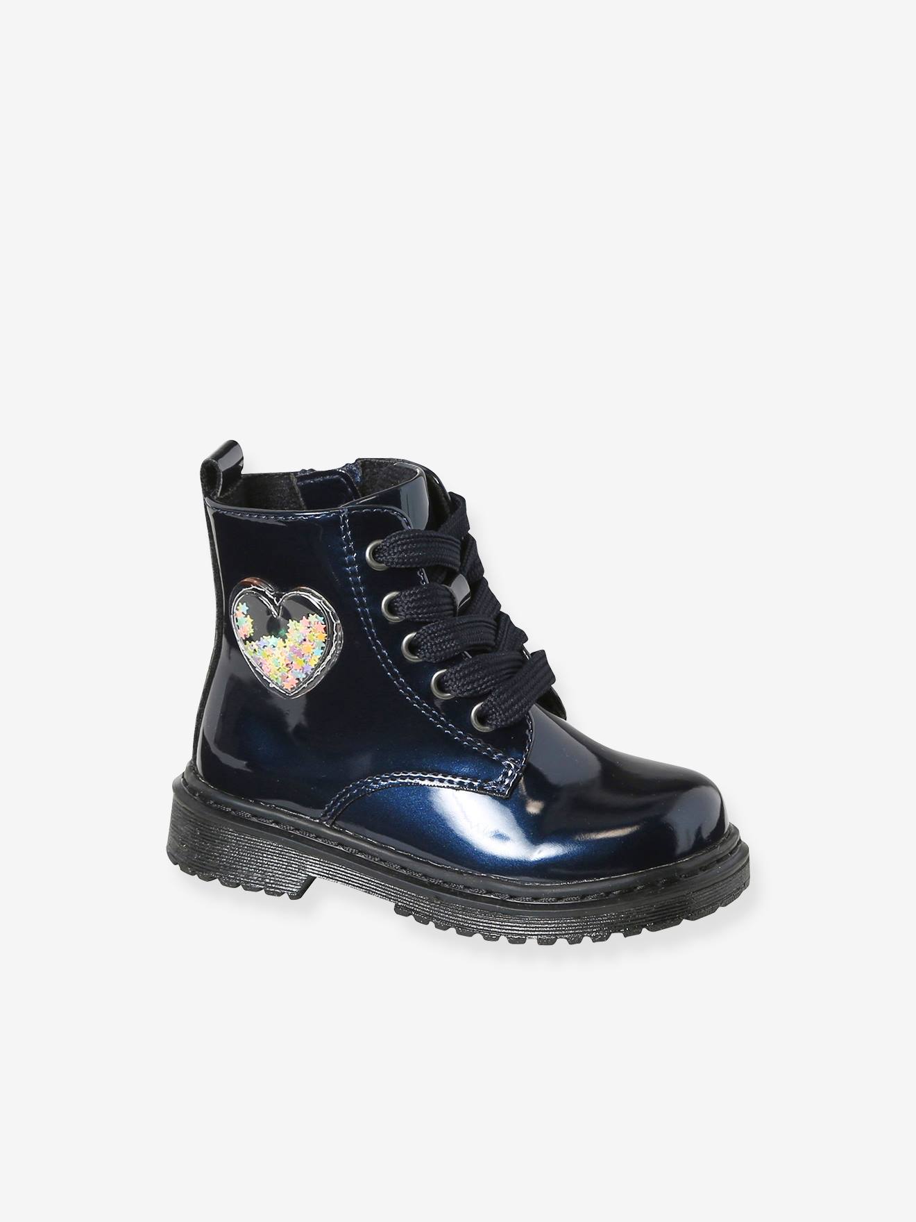 Heart Boots with Laces Zip for Girls navy blue Shoes Vertbaudet