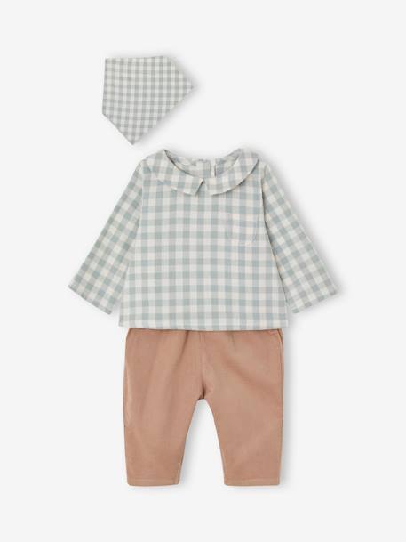 Shirt Bodysuit + Corduroy Trousers + Bandana Ensemble for Babies sage green 