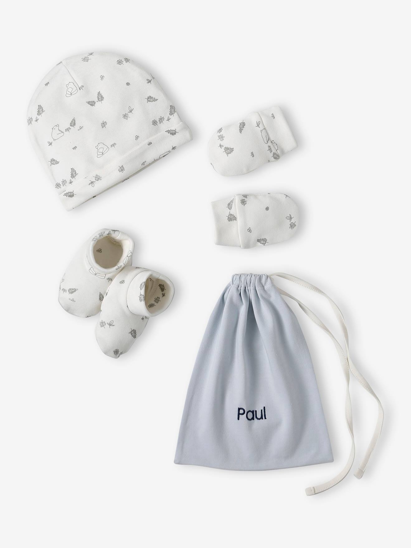 Beanie + Mittens + Pram Shoes + Pouch Set