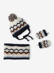 Baby-Accessories-Jacquard Knit Beanie with Ears + Snood + Mittens Set for Baby Boys