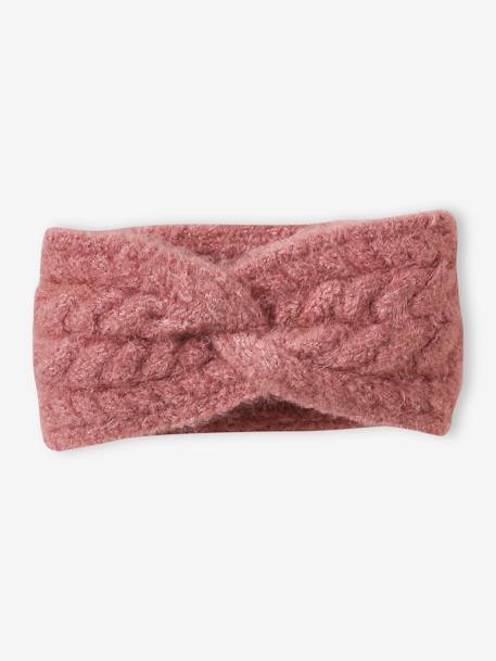 Cable Knit Headband For Girls ecru+old rose 