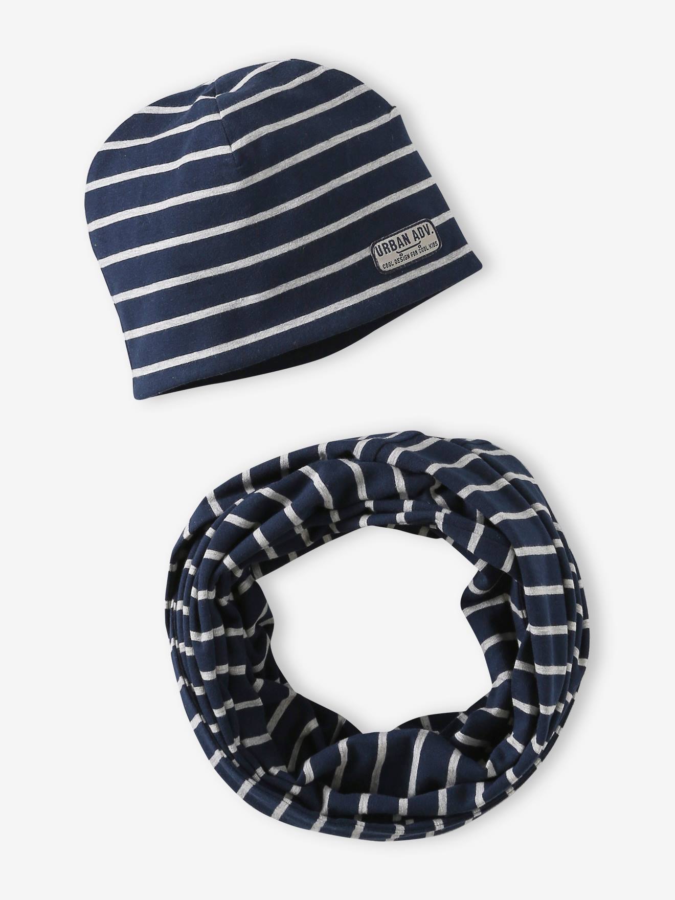 Striped Beanie Infinity Scarf Set for Boys navy blue, Boys