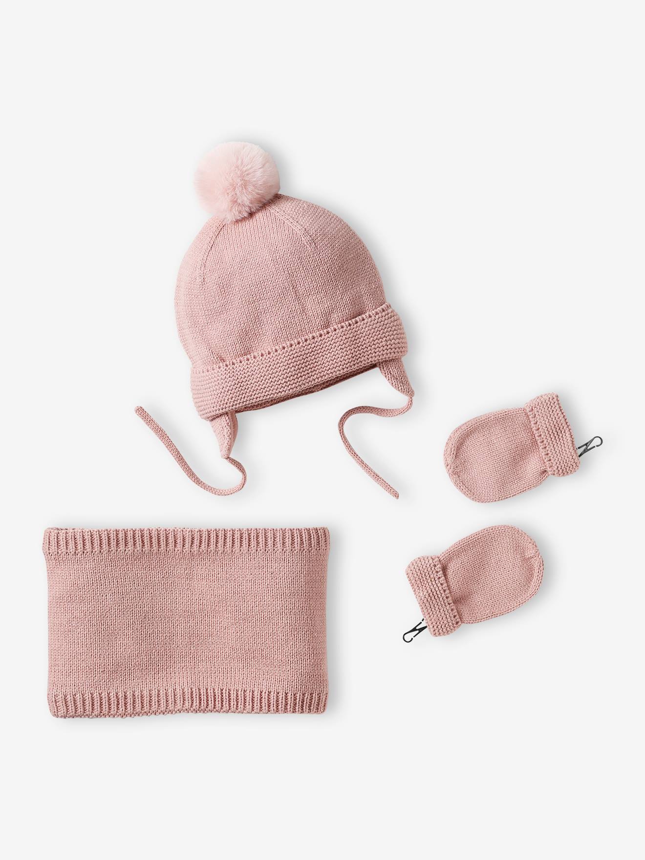 Beanie Snood Mittens Set for Baby Girls rosy Baby Vertbaudet