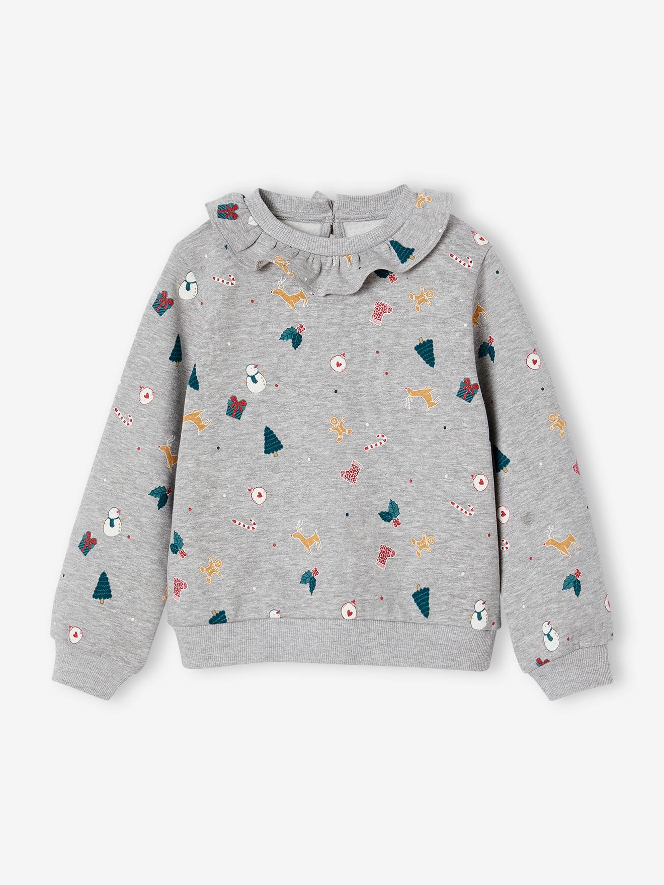 Christmas Sweatshirt with Printed Frilled Collar