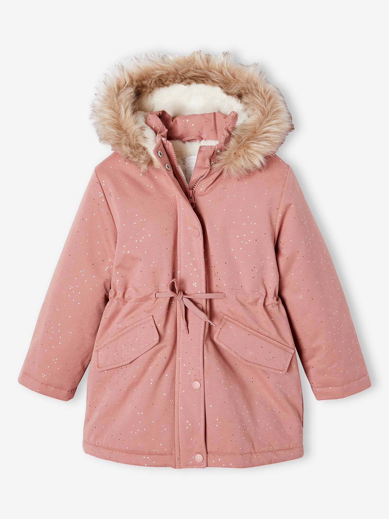 Glittery Parka Lined in Faux Fur