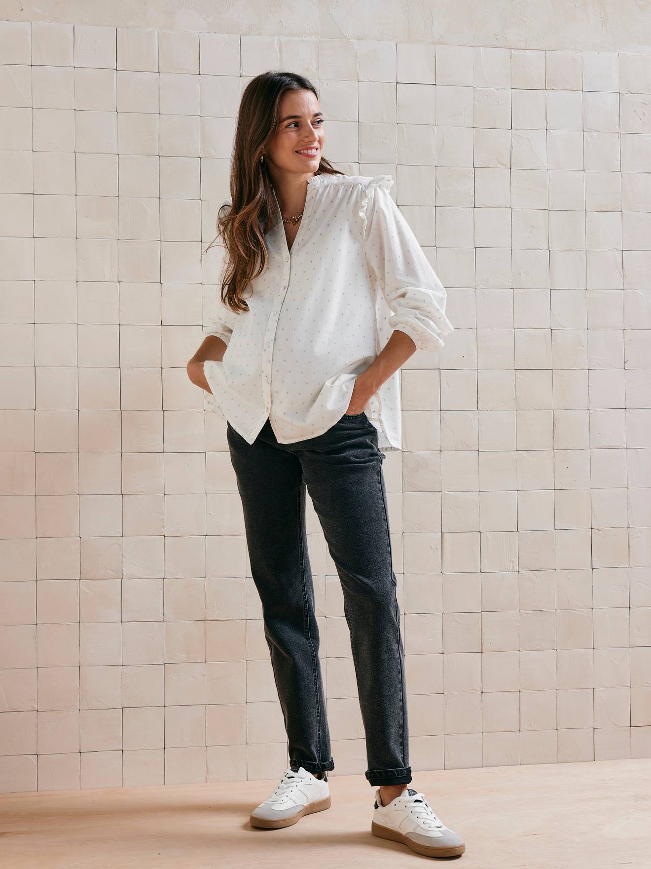 Blouse with Ruffles & Plumetis Pattern