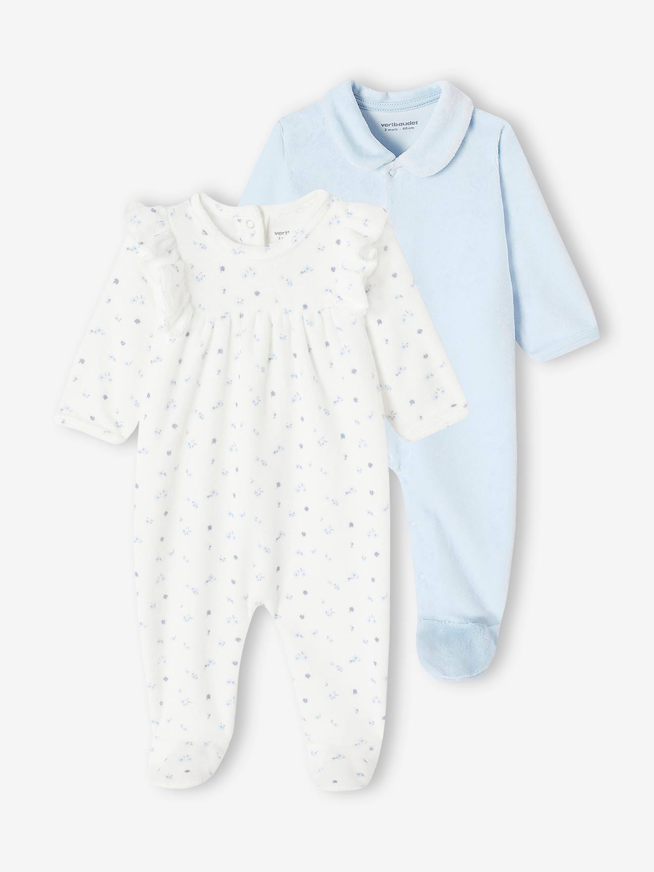 Pack of 2 Sleepsuits in Velour for Baby Girls sky blue