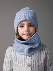 Girls-Beanie + Snood + Mittens Set in Shimmering Cable-Knit