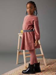 Girls-Dresses-Velour Dress with Striped Iridescent Belt, for Girls