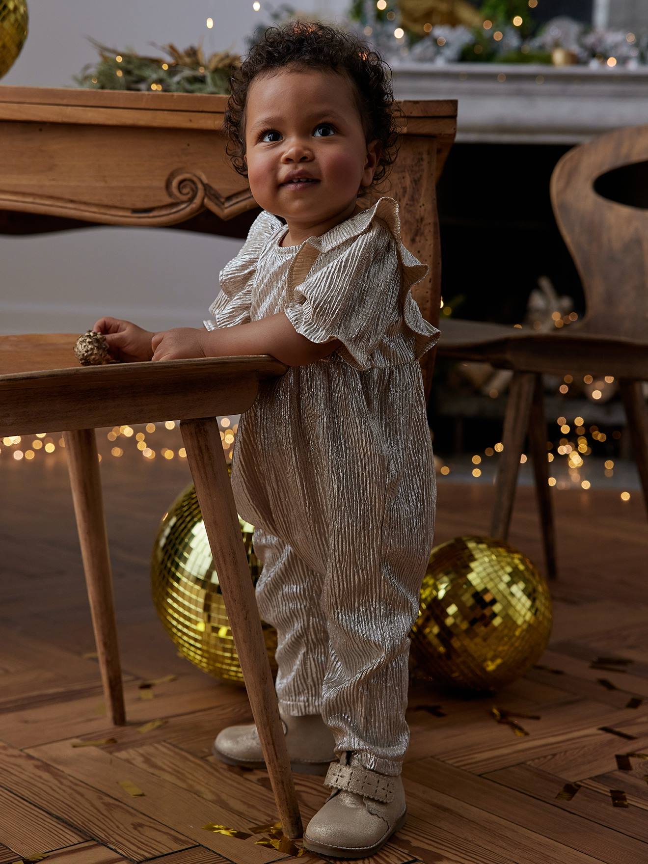 Shimmery Festive Jumpsuit with Ruffles for Baby Girls gold, Baby