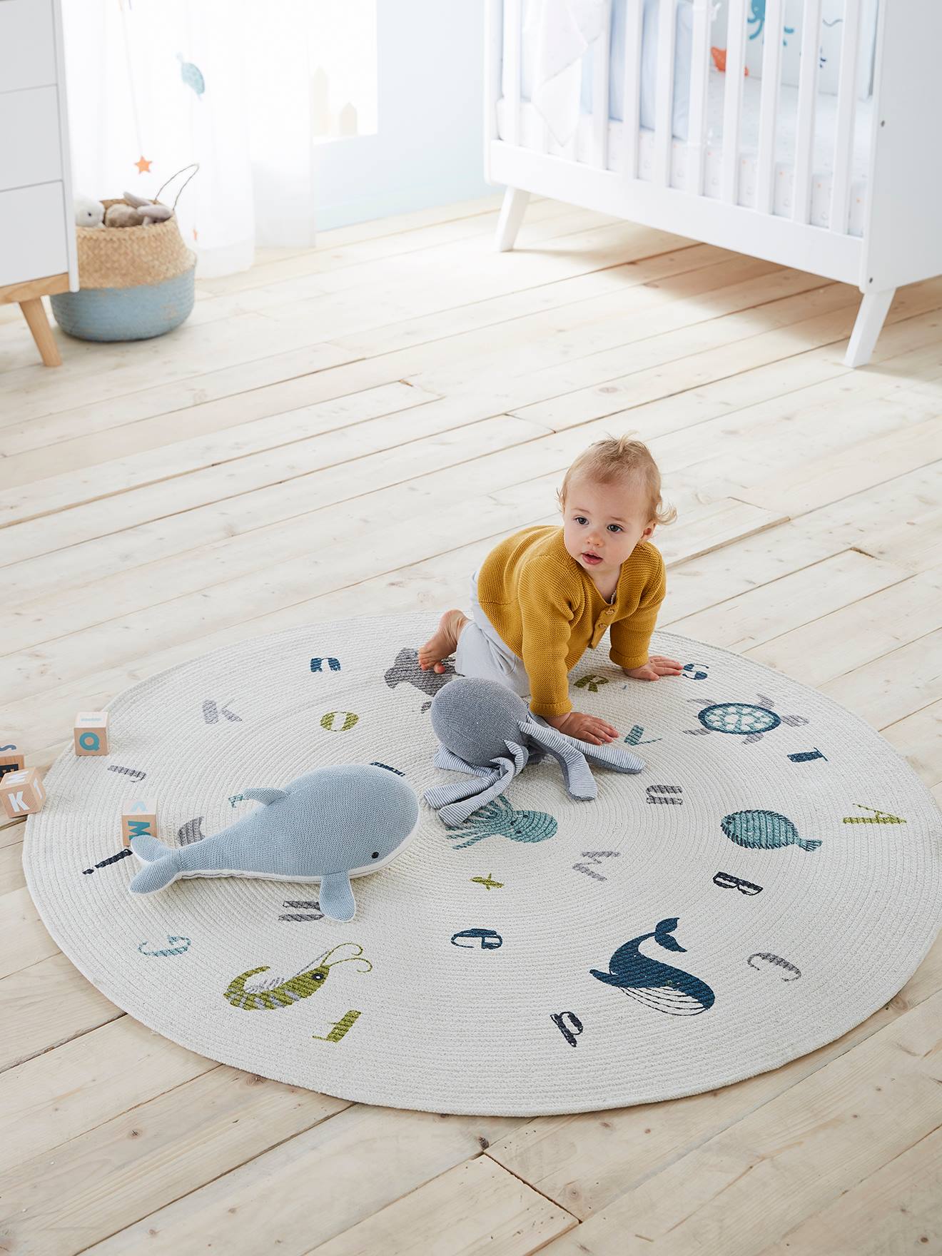 Mat Under The Sea Nursery Rug Round Rug, Sea Creatures Alphabet White,  Bedding Decor