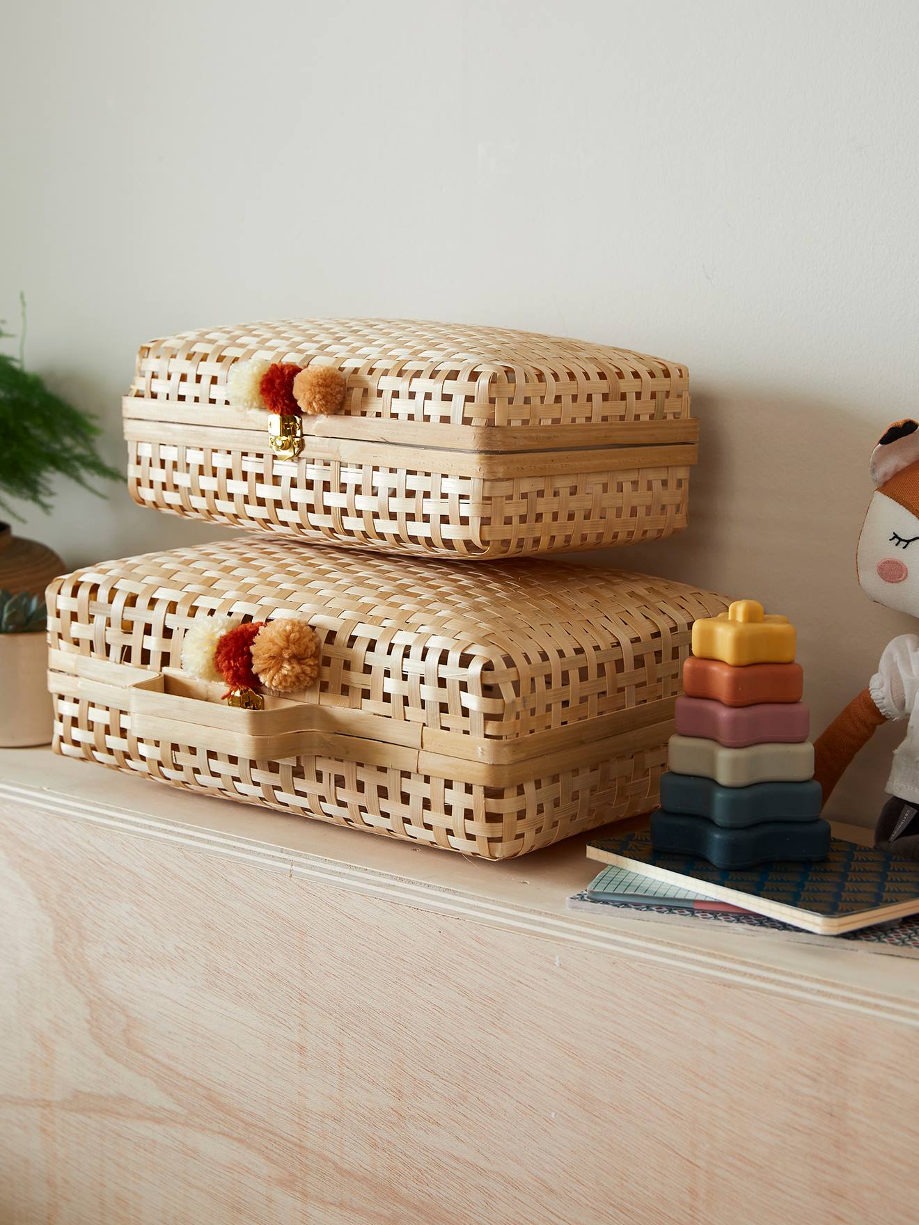 Set of 2 Suitcases in Bamboo medium solid with decor