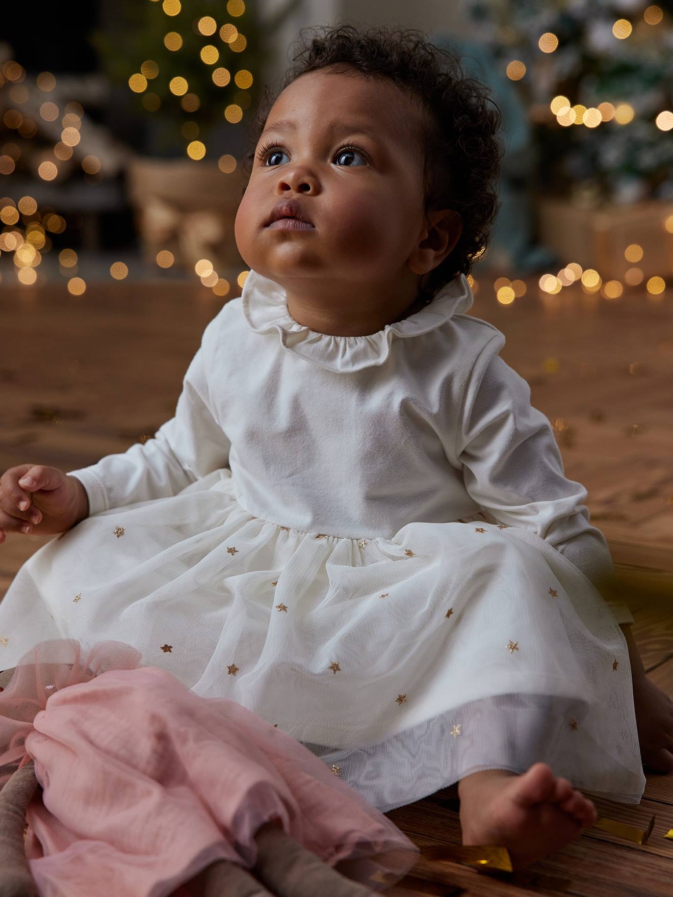 Dual Fabric Dress for Baby Girls ecru