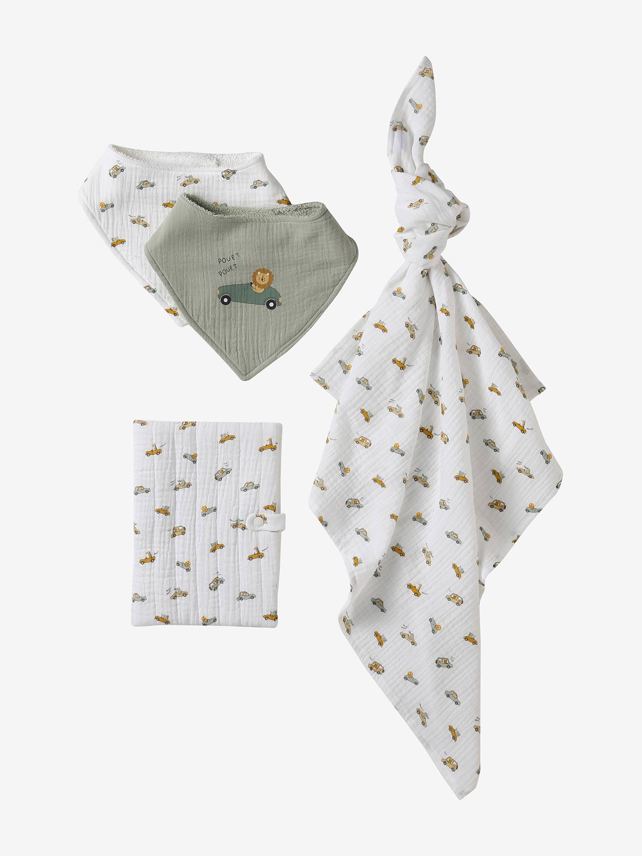 4-piece baby gift set: 2 bibs + 1 muslin cloth + 1 health book cover multicoloured