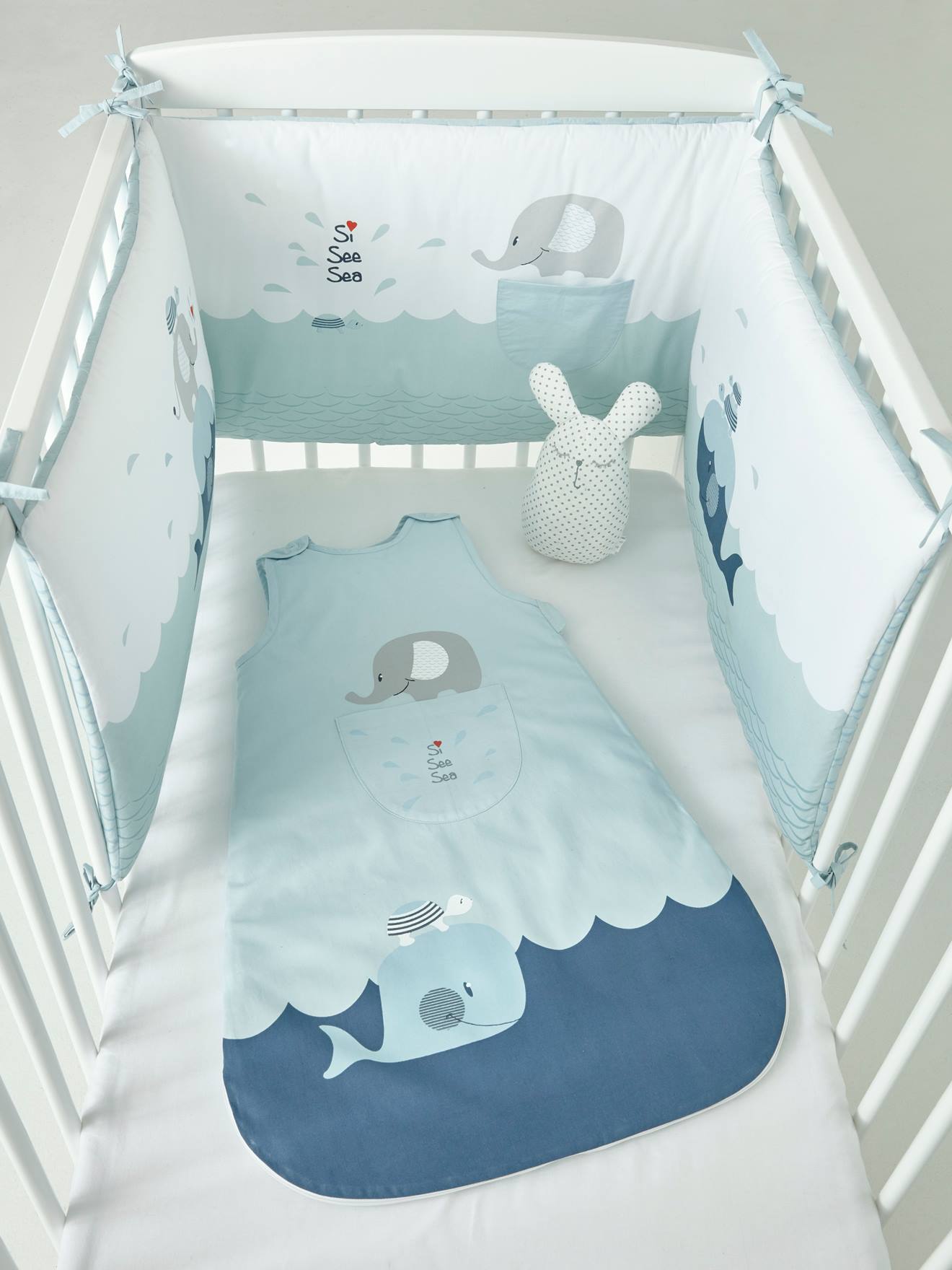 Cot Bumper Whale And Turtle Theme Light Blue Bedding Decor Vertbaudet