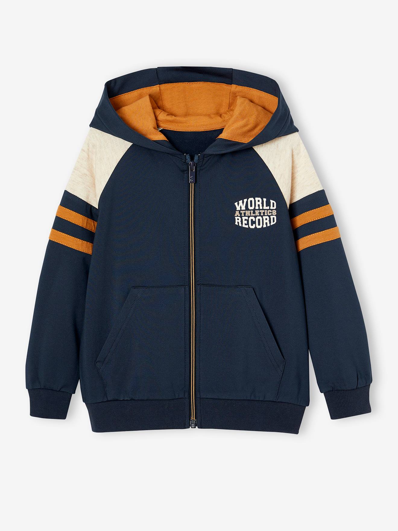 Boys' sporty zip-up hooded sweatshirt with raglan sleeves pecan nut