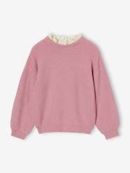 Girls-Cardigans, Jumpers & Sweatshirts-Loose-Fitting Jumper with Fancy Collar for Girls