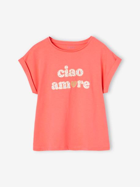 T-Shirt with Message in Flower Motifs for Girls coral+ecru+pale yellow+sky blue 