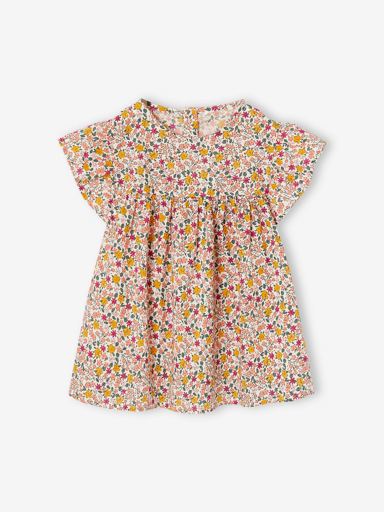 Blouse with Flower Motifs & Short Ruffled Sleeves
