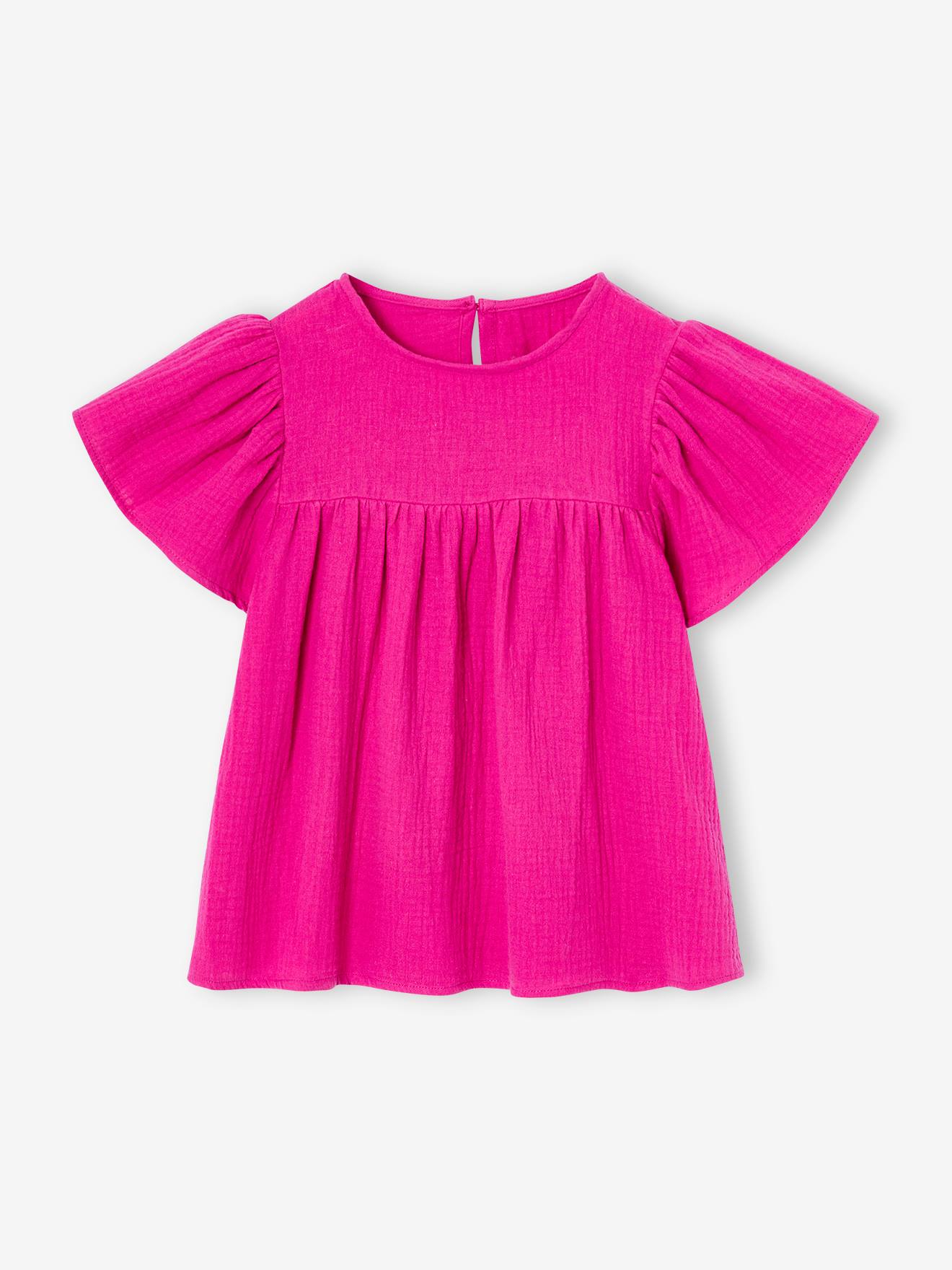 Blouse in Printed Organic Cotton Gauze with Butterfly Sleeves