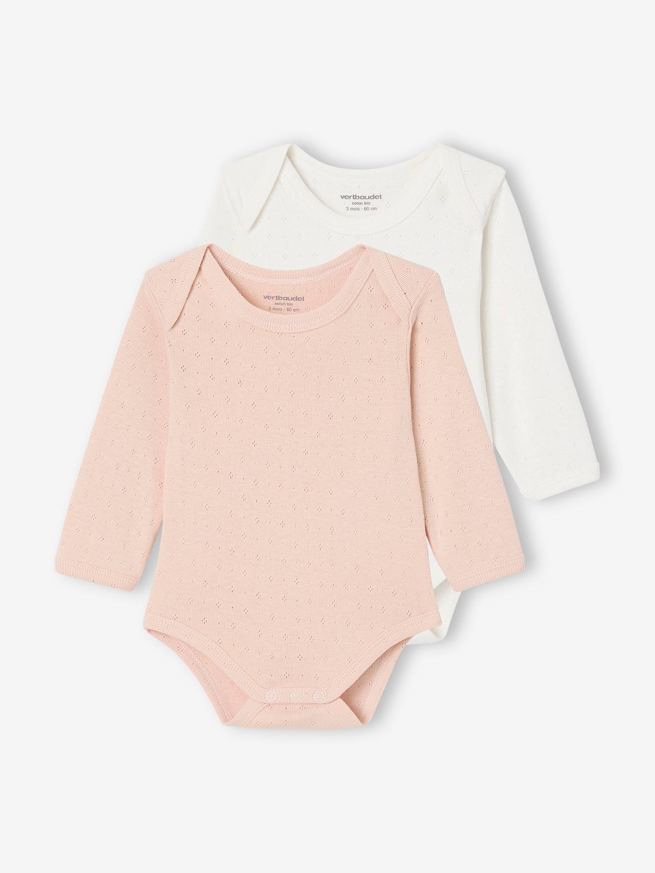 long-sleeved baby bodysuits in pointelle knit pale