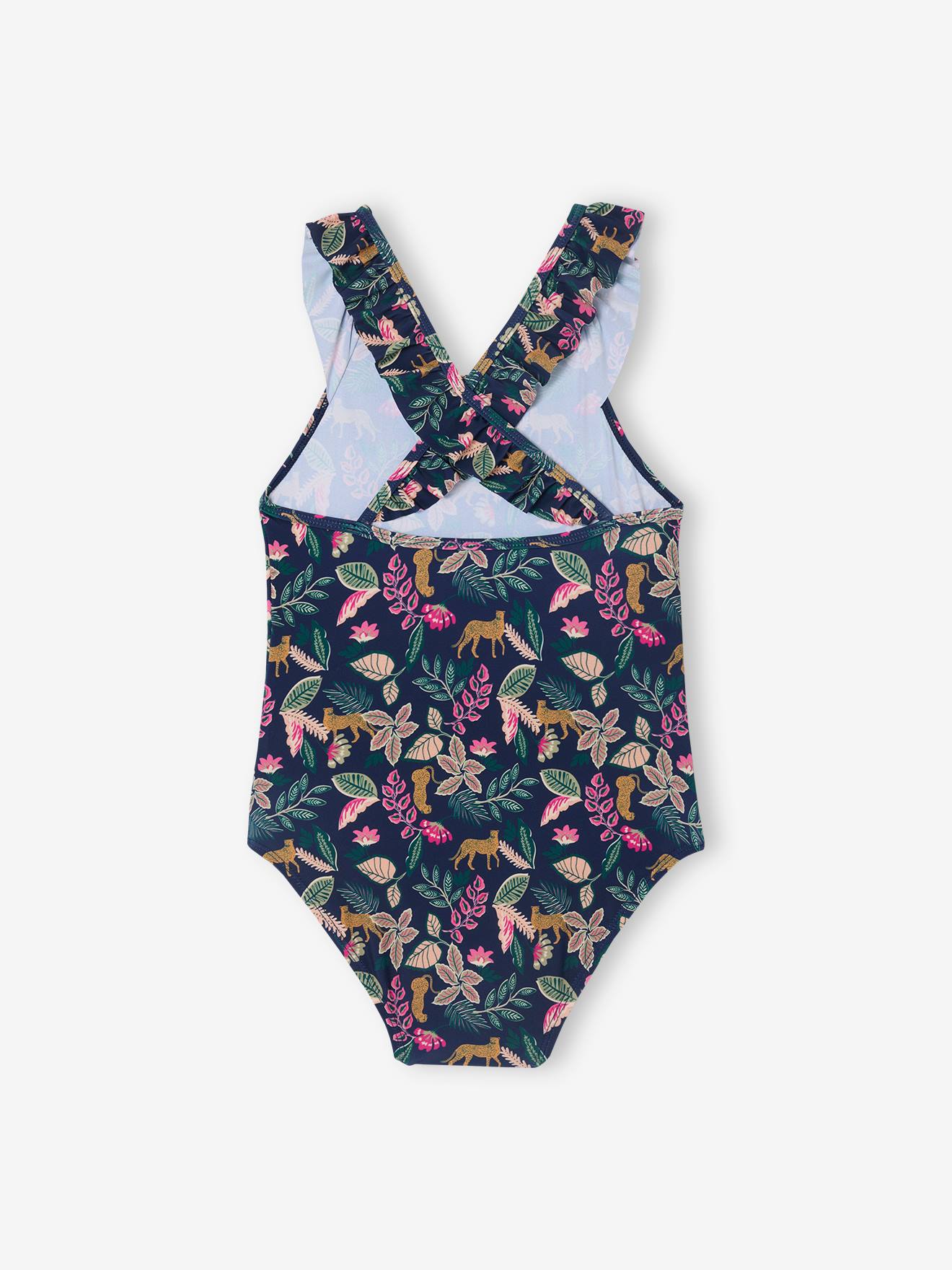 Printed One-Piece Swimsuit for Girls, Family Capsule Collection ink blue