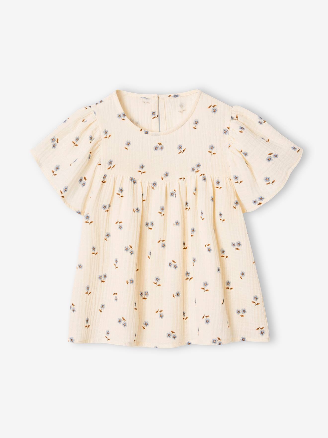 Blouse in Printed Organic Cotton Gauze with Butterfly Sleeves