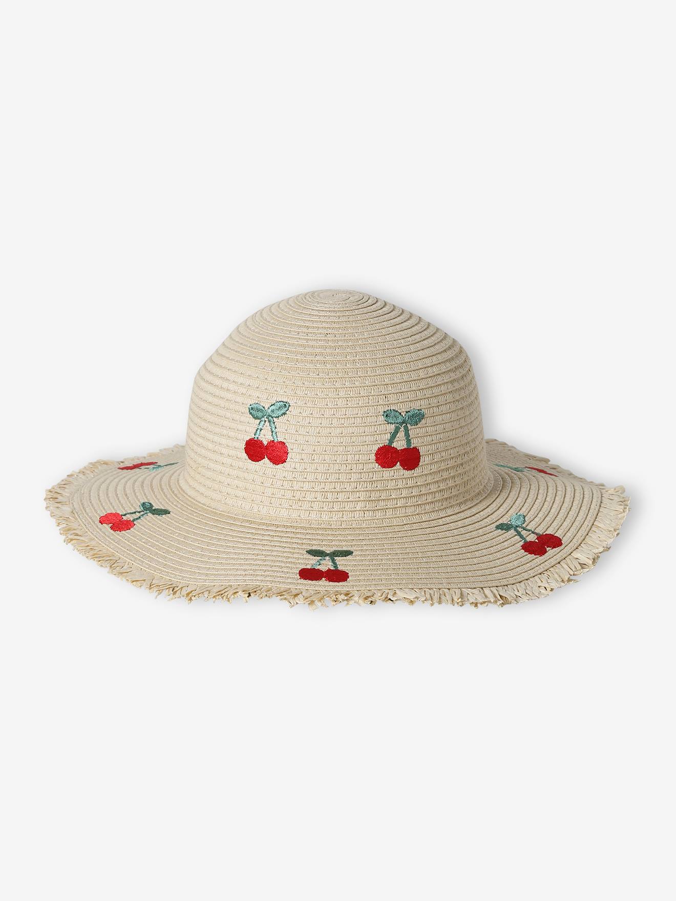 Paper Straw Hat with Embroidered Cherries