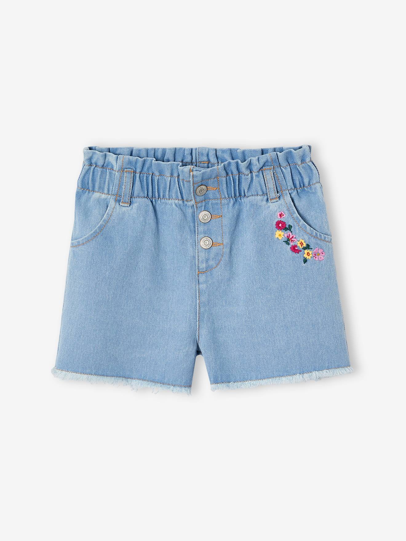 Oversized floral embroidered denim shorts