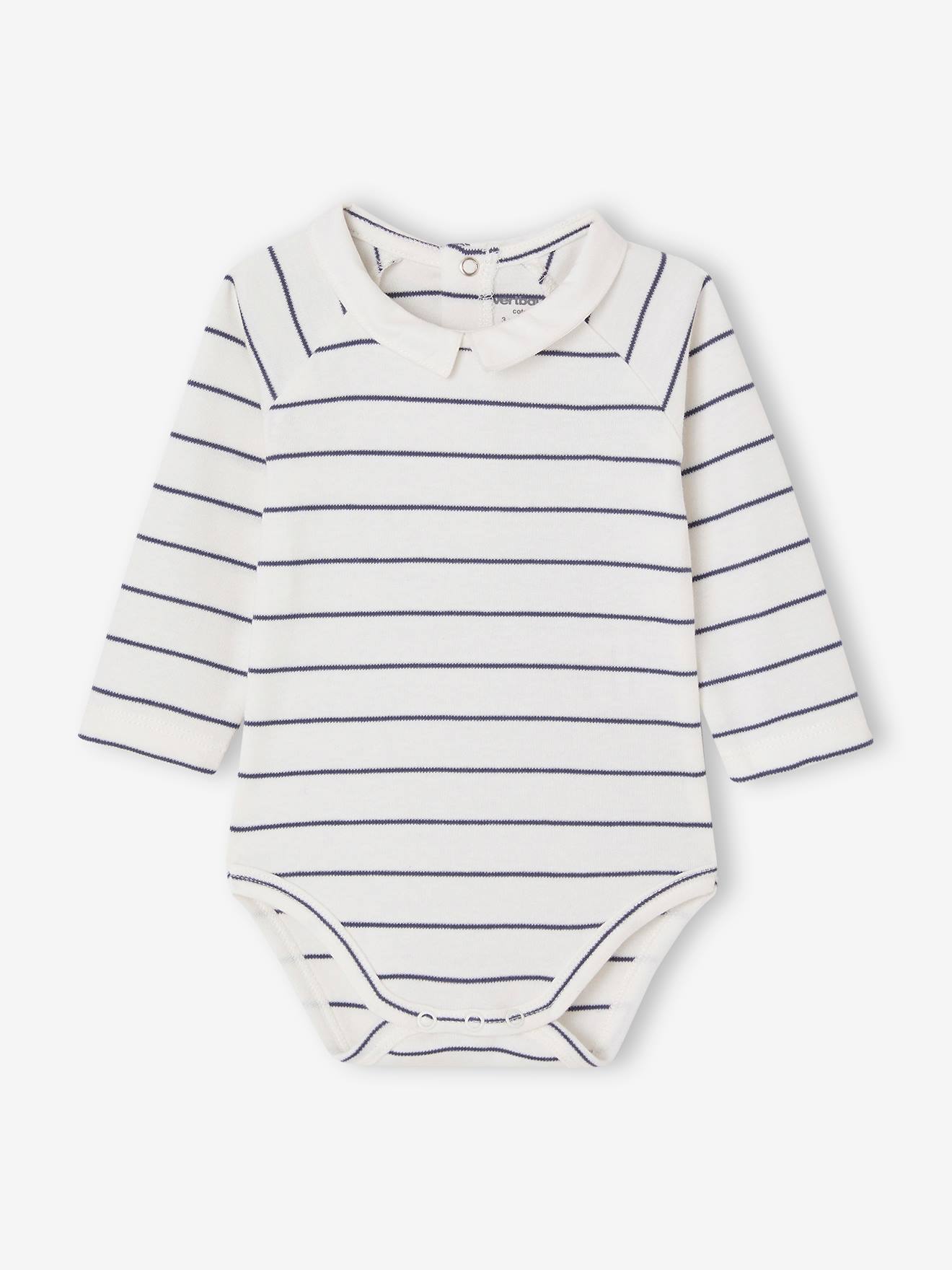 Long-sleeved baby bodysuit with poplin collar ecru