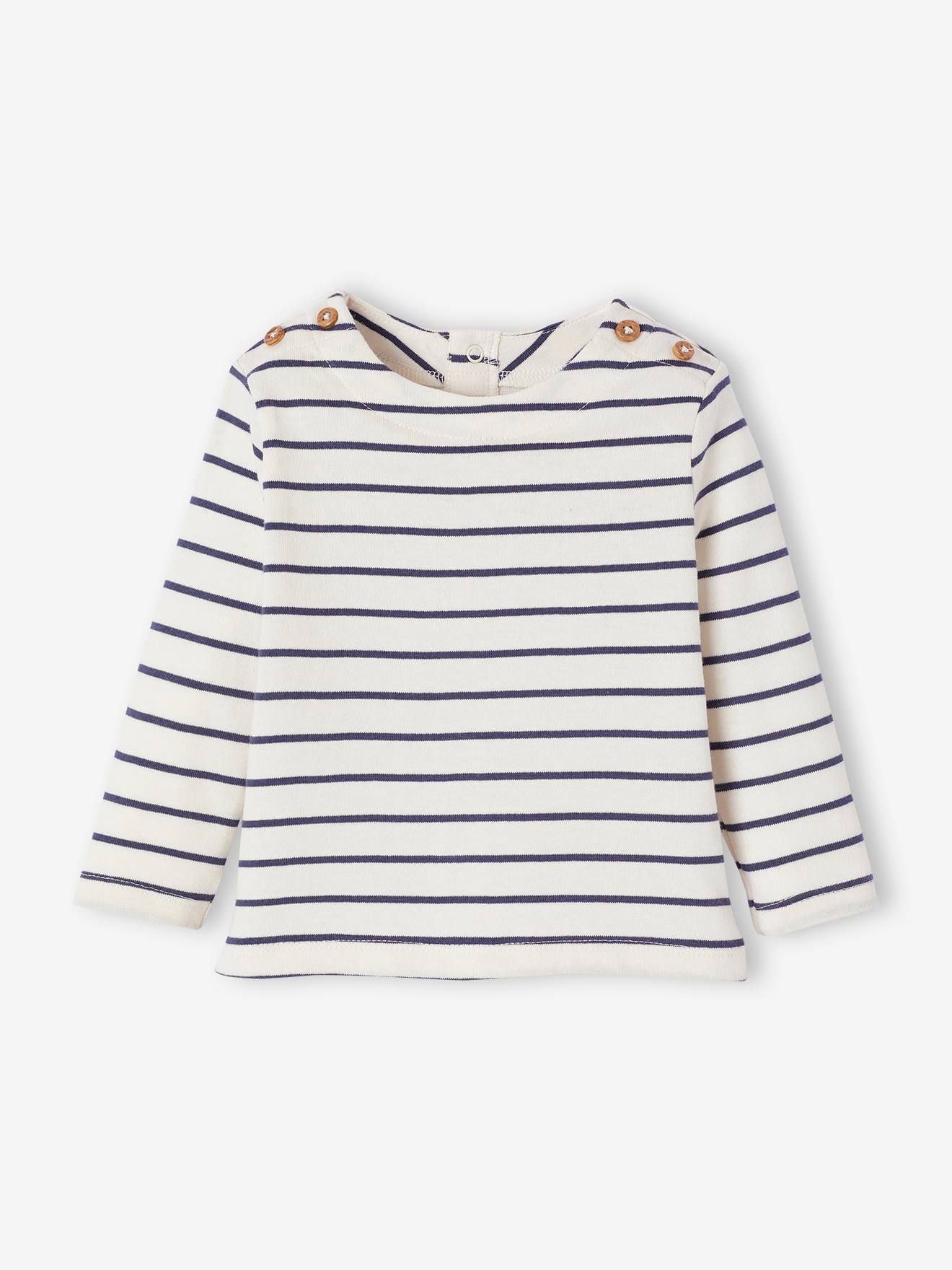 Striped long-sleeved baby t-shirt ecru