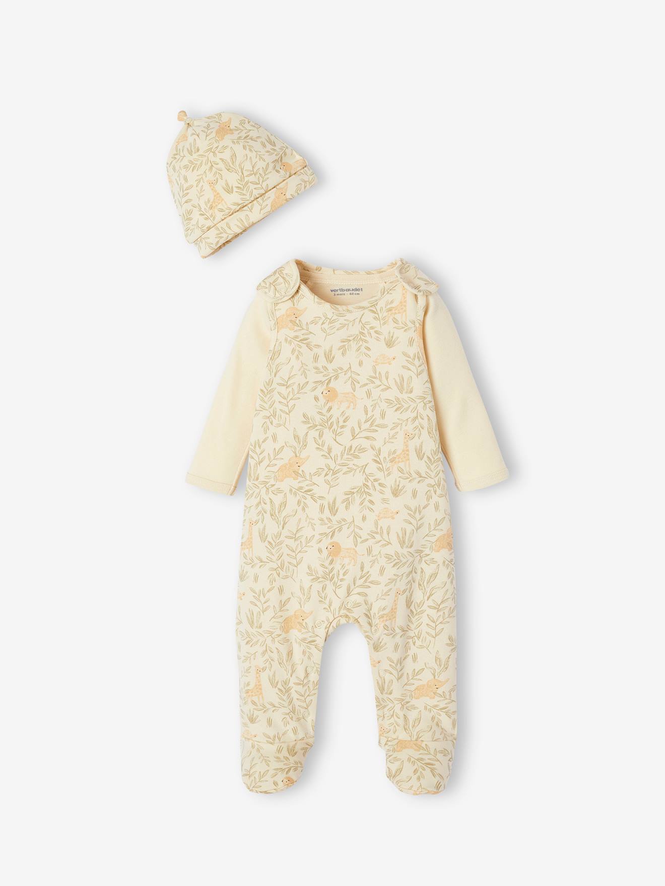 Newborn gift set: bodysuit + dungarees + hat ecru