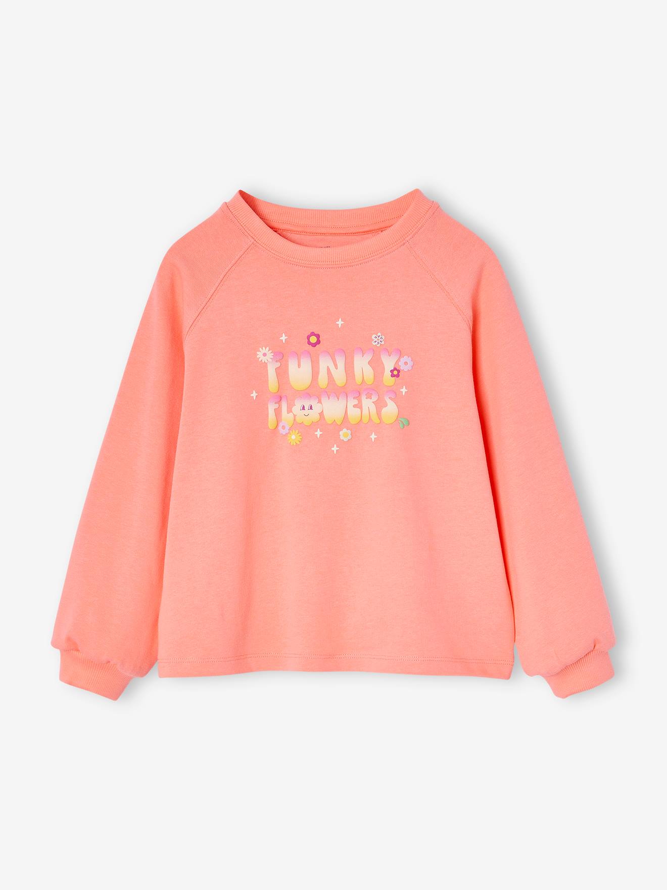 Girls' slogan t-shirt with puff ink effect coral