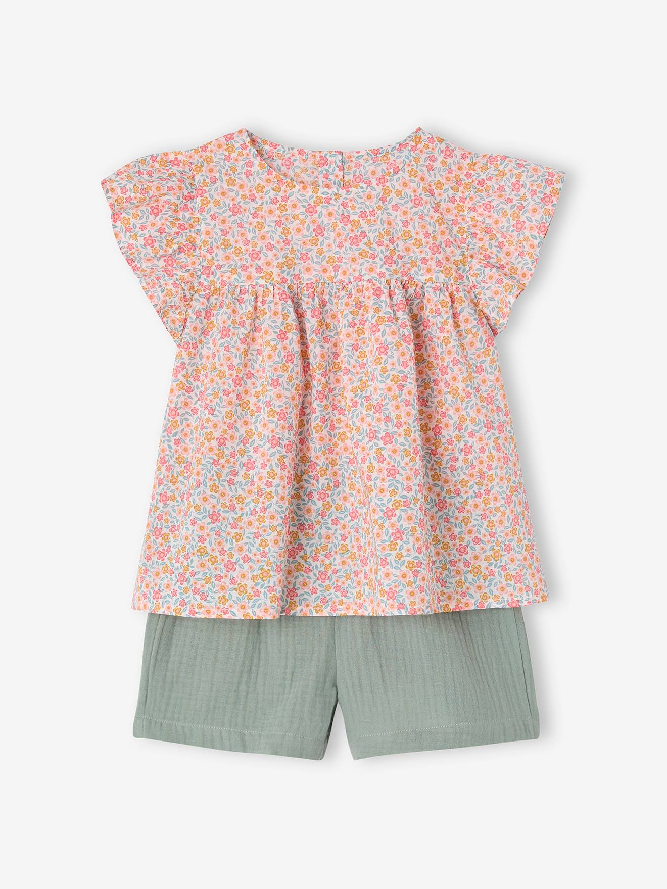 Blouse with Flowers & Cotton Gauze Shorts Combo