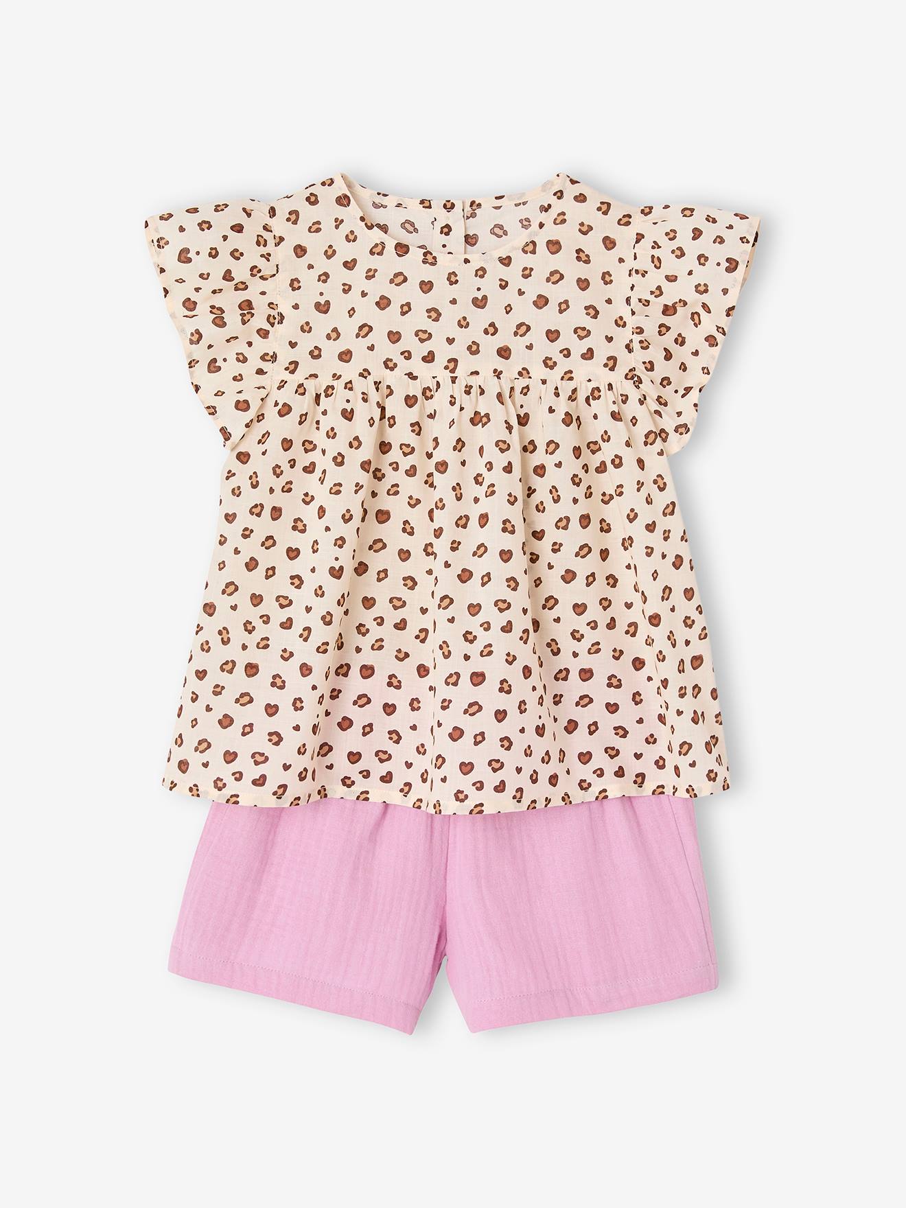 Blouse with Flowers & Cotton Gauze Shorts Combo