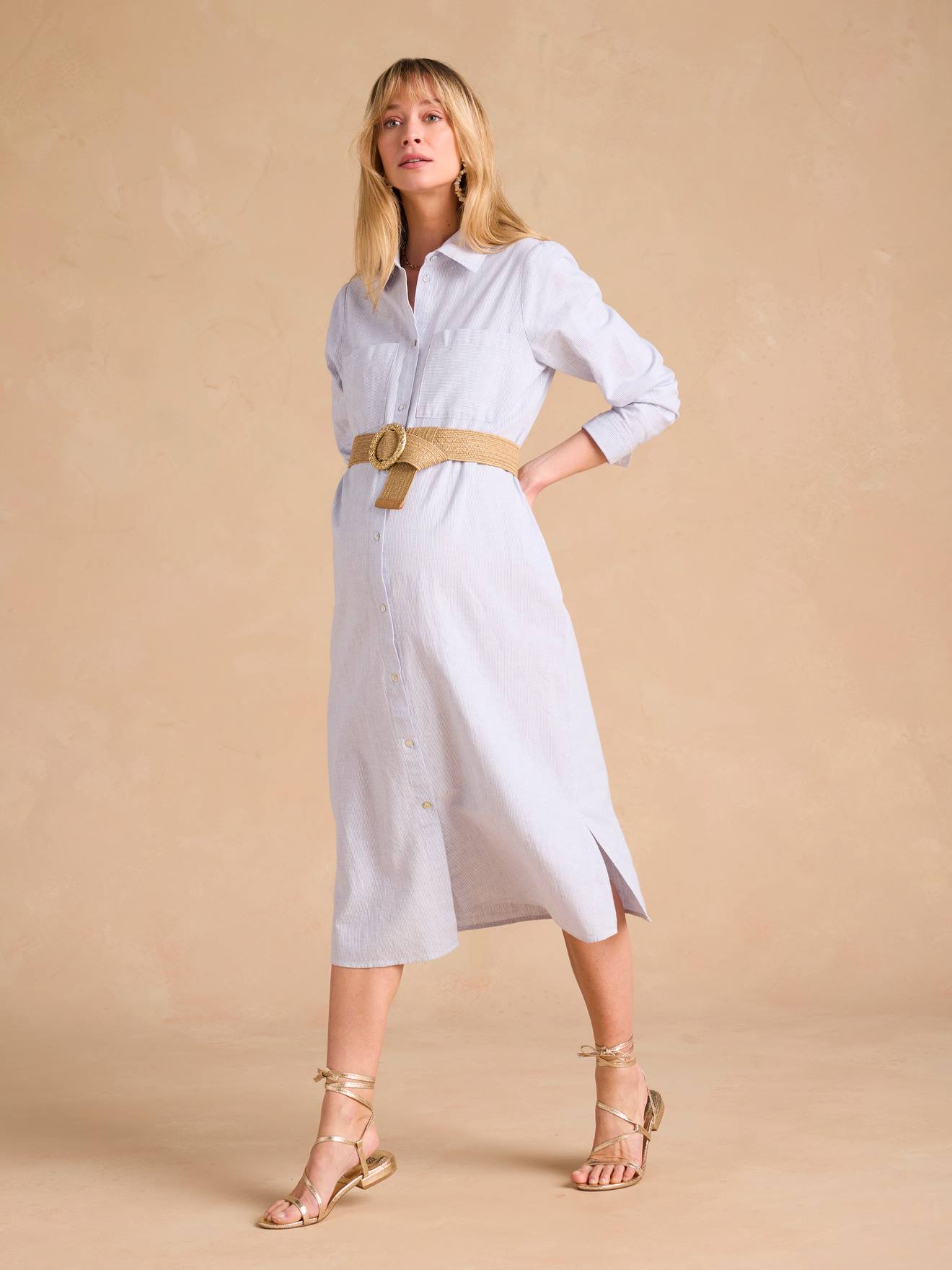 Long Linen-Effect Cotton Shirt Dress For Pregnancy & Nursing