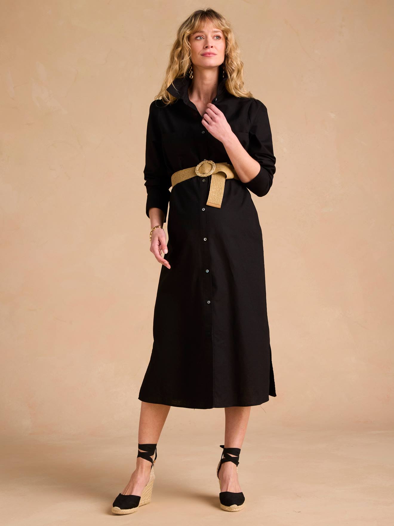 Long Linen-Effect Cotton Shirt Dress For Pregnancy & Nursing