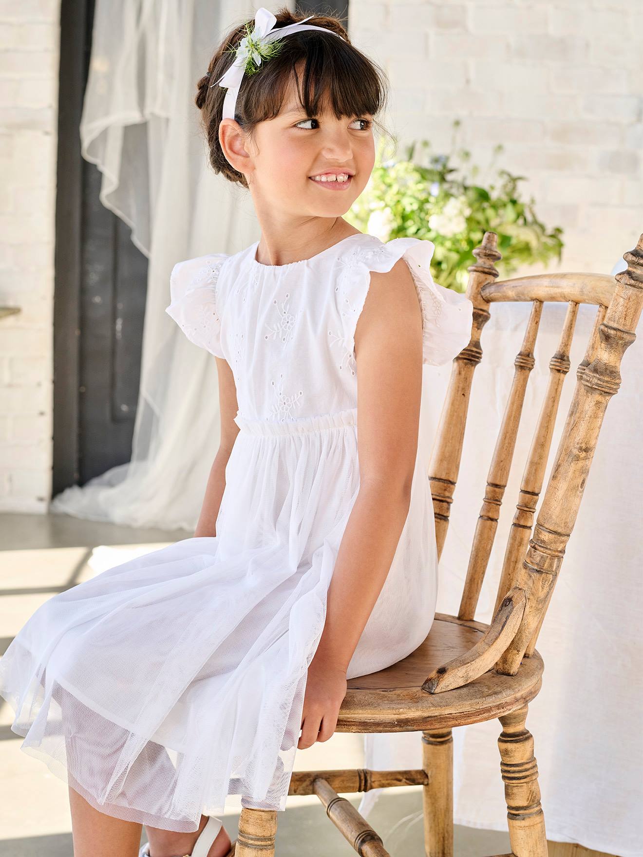 Dual Fabric Occasion Wear Dress in Broderie Anglaise & Tulle